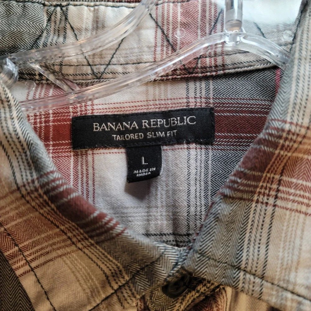 Banana Republic Tailored Slim Fit Plaid Button Down Shirt Mens L Rust Black